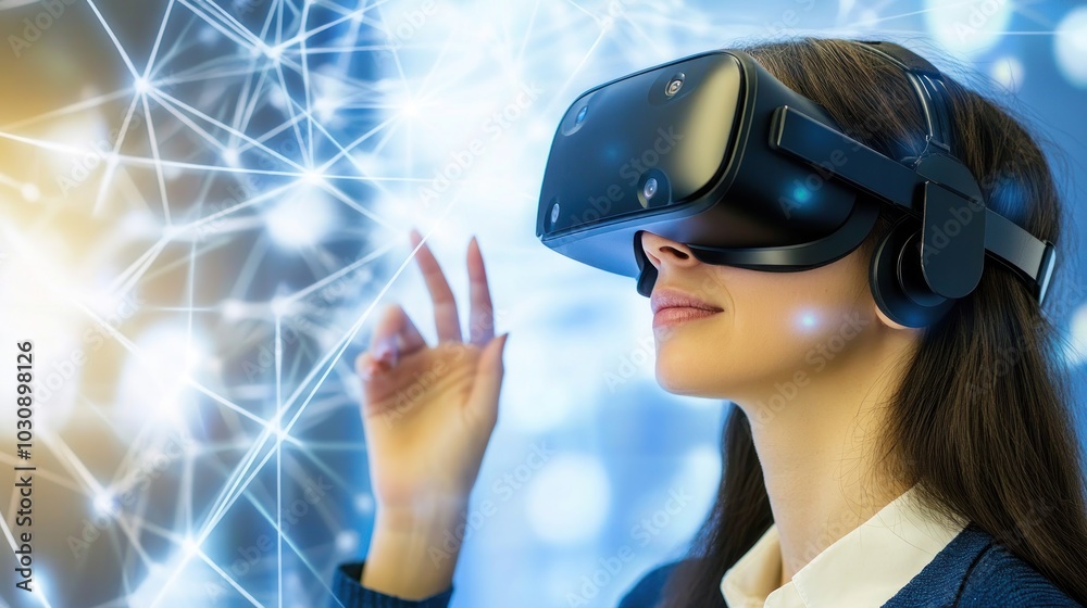 Poster woman experiencing virtual reality with interconnected network