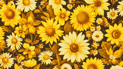 Classic yellow floral pattern featuring sunflowers and daisies in a warm vintage bohemian style