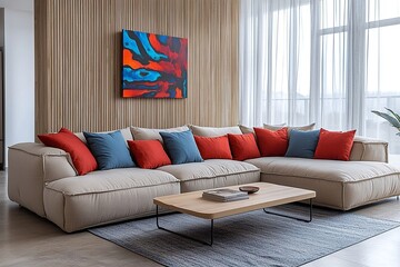 A modern representation of Scandinavian interiors in the living room with minimalist, art-framed walls and sofas. Generative AI
