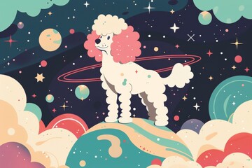 Fototapeta premium Space poodle cartoon with cosmic planets and stars