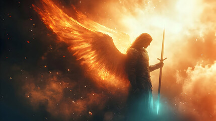 A majestic angel with fiery wings, holding a sword in a dramatic scene.