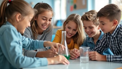 Obraz premium Cheerful young students engaging in a science experiment in classroom. International Week of Science and Peace