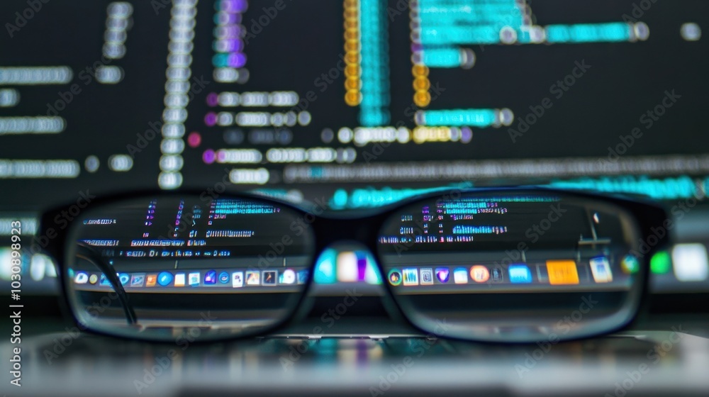 Poster glasses reflecting code on a laptop screen