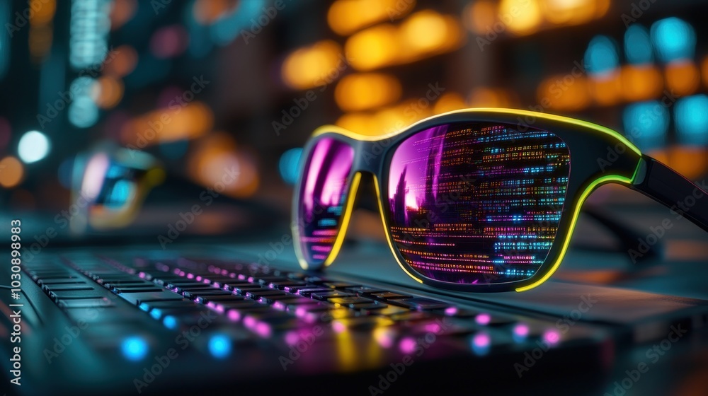 Aufkleber Sunglasses Reflecting Colorful Code on a Keyboard