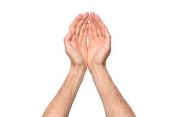Top view of male hands clasped together in a begging or holding gesture, palms slightly cupped. The hands are isolated on a transparent background, PNG file, conveying a sense of request, offering, or