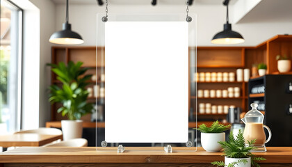 Blank flyer mockup glass plastic transparent holder poster display in coffee shop isolated with white highlights, png