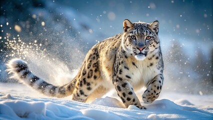 Fototapeta premium Snow Leopard Sprinting Through Winter Wonderland - Stunning Fashion Photography Experience