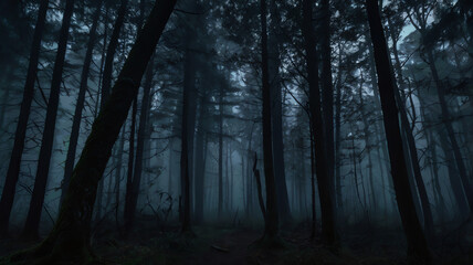 Obraz premium Dark eerie forest at night, enveloped in fog, with towering trees and a frightening atmosphere 