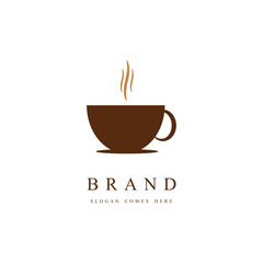Coffee Cup logo, Simple Brown Coffee Cup Icon with Steam Rising, Minimalist Design on White Background for Beverage, Cafe, or Relaxation Themes

