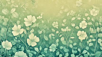 Elegant 1920s Art Deco botanical pattern featuring green shades, flowers, and vines with subtle textures and gradients