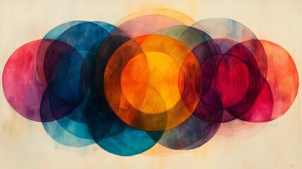 Abstract painting made with watercolor on paper, depicting a series of colorful circles overlapping each other, creating a harmonious and vibrant composition