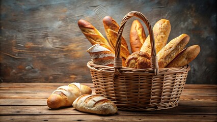 Freshly baked artisanal bread in wicker basket, baguette, grissini, ciabatta