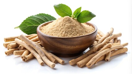 Ayurvedic herb ashwagandha on white background low angle