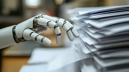 Robotic hand reaching towards a stack of papers.