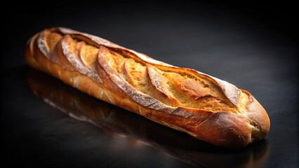 Freshly baked baguette with shallow depth of field on dark background
