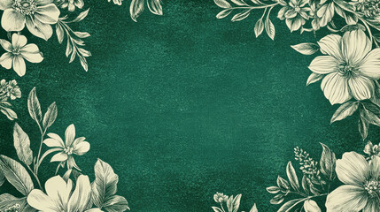 Vintage botanical illustration pattern with hand-drawn flowers on emerald green background in 18th-century style