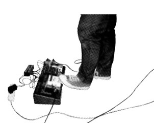 close up of foot with canvas shoes pressing on guitar effect pedal board pixelate grayscale color halftone dotted texture style collage element isolated on green background