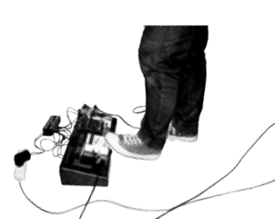 close up of foot with canvas shoes pressing on guitar effect pedal board pixelate grayscale color halftone dotted texture style collage element isolated on green background