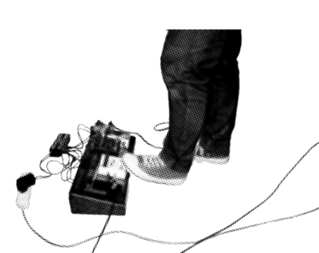 close up of foot with canvas shoes pressing on guitar effect pedal board pixelate grayscale color halftone dotted texture style collage element isolated on green background