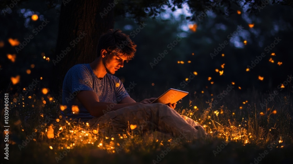 Poster Man Using Tablet Computer Surrounded by Fireflies in the Night