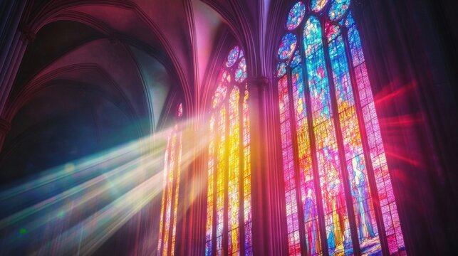 Colorful stained glass windows inside a cathedral with light streaming in