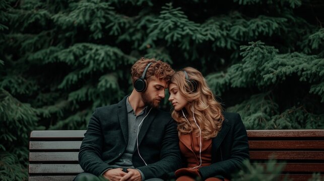 A teenage couple sitting closely on a park bench, sharing headphones and listening to music together, surrounded by lush evergreen trees, creating a peaceful and intimate atmosphere
