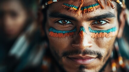 Close-up of a person's face adorned with colorful paint, rich with cultural significance, capturing a vibrant expression and an artistic representation of tradition.