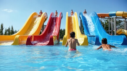 Two Boys Emerging from Water Slides at a Water Park