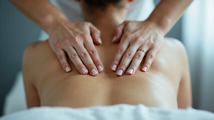 Close-up of female patient receiving therapeutic back massage in clinic: Wellness and rehabilitation stock photo