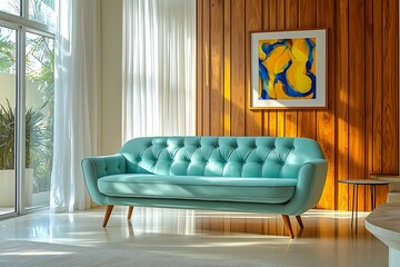 A modern representation of Scandinavian interiors in the living room with minimalist, art-framed walls and sofas. Generative AI
