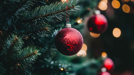 A red Christmas ornament hangs from a tree branch