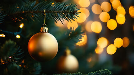 A tree with a gold ornament hanging from it