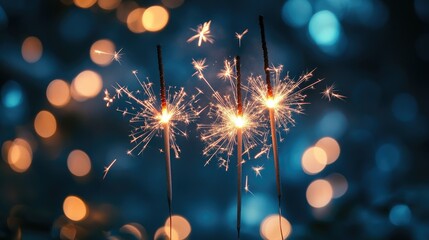 Obraz premium Silvester, New Year 2025 Party, Sparklers and bokeh lights on dark blue night sky