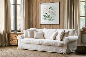 Fototapeta premium Minimalist, a modern Scandinavian interior in a living room with wood-clad walls and windows and sofas. Generative AI 
