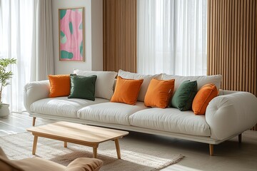 Minimalist, a modern interior of a living room with a Scandinavian interior and sofa and table. Generative AI
