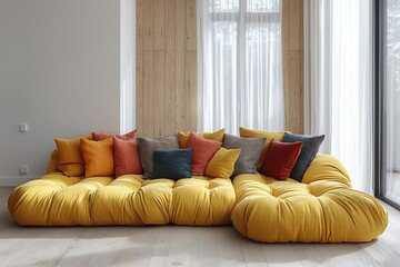 Minimalist, modern Scandinavian interiors in the living room with wood-finished walls and yellow sofas and cushions. Generative AI
