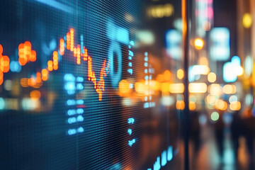 Dynamic financial market display with blurred urban background