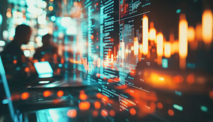 Dynamic business analysis with digital data and financial graphs in a modern workspace