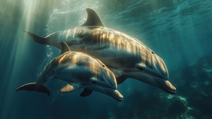 Fototapeta premium Beautiful Mother Dolphin with Baby Dolphins Swimming Underwater in the Ocean, Hyper-Realistic with Cinematic Lighting 