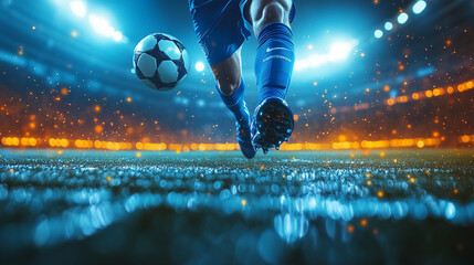 Male soccer player legs in motion, in blue and white racing toward ball, under bright stadium lights