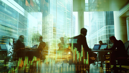 Business team in modern office overlaid with financial market data