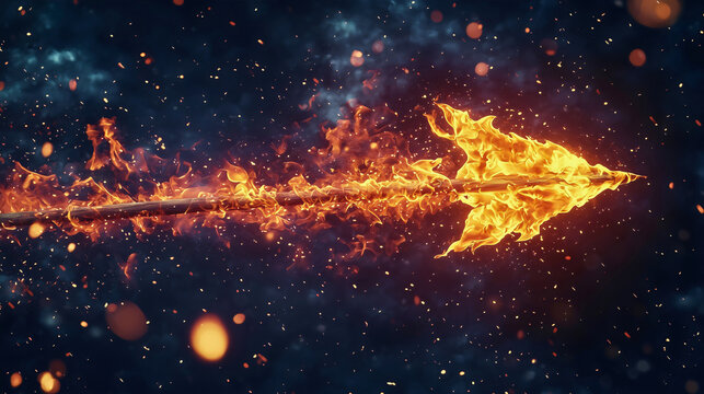 The tip of a fiery arrow flying straight toward its target, an arrow ablaze with flames, as particles of fire form around it due to its speed—a blazing arrow.