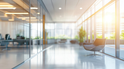 Modern office lobby with glass walls and natural light