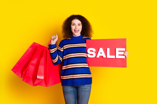 Portrait of overjoyed eccentric woman wear knit sweater holding shopping bags red sale placard staring isolated on yellow color background
