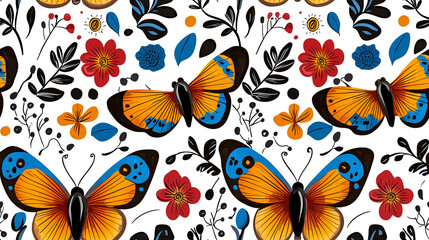 Colorful butterflies and vibrant flowers create lively pattern, showcasing natures beauty with intricate details and bold colors. This design is perfect for various creative projects