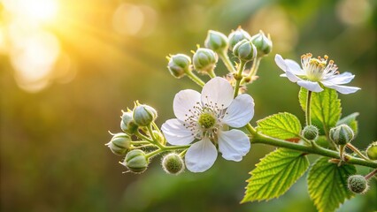 Obraz premium Close-up of blackberry branch with white flowers in silhouette