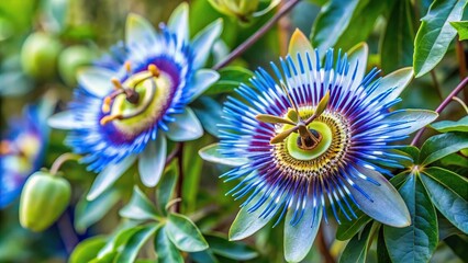 Blue passion flowers (Passiflora caerulea) blooming in a garden