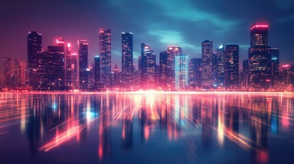 Smart city digital transformation development concept. Band lights over modern urban cityscape at night. New fast internet communication 5G technology.