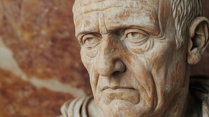 Obraz premium Roman bust statue of a wise elderly senator with worn patina on a marble pedestal