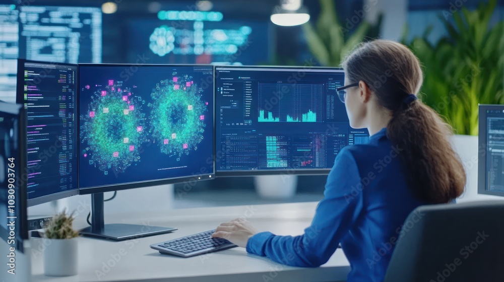 Aufkleber Woman working at a computer with data visualizations displayed on the screen.